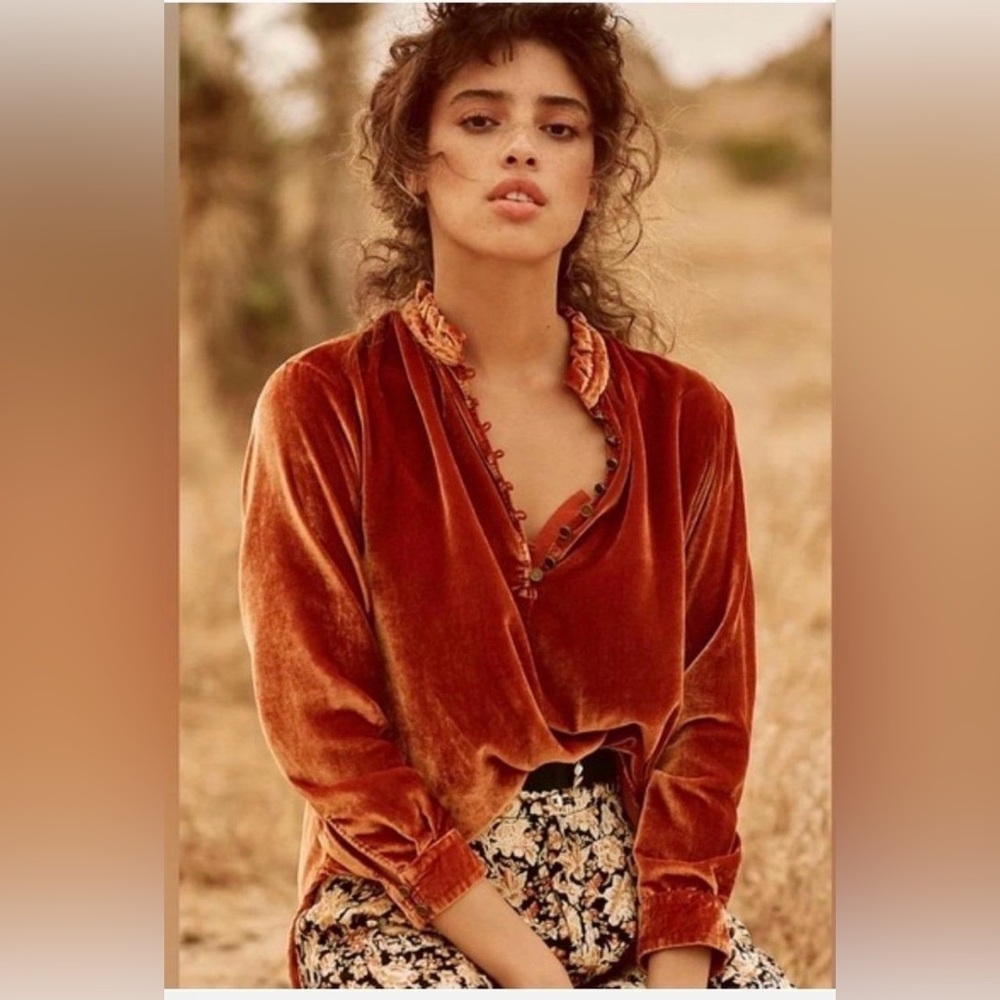 Anthropologie Kristianne Burnt Orange Velvet Blouse Size XS